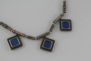VINTAGE 925 STERLING SILVER Geometric design modernist necklace blue Balinese  - Bild 1 von 6