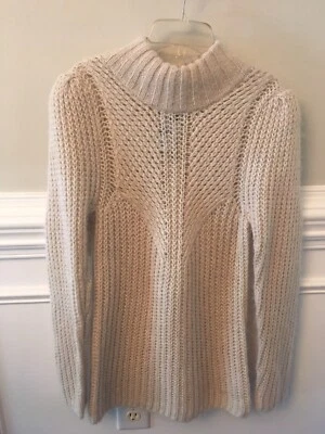 NWT Express Cream Metallic Open Knit Puff Sleeve Soft Cozy Sweater Size S Small - Image 1 of 4