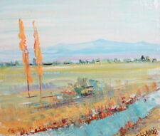 Vintage impressionist oil painting field landscape signed