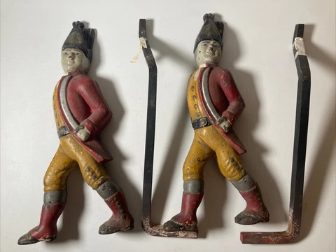 HESSIAN SOLDIERS PAIR ANTIQUE CAST IRON FIREPLACE ANDIRONS With Stands Cover