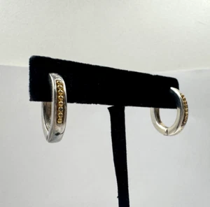 VINTAGE BAGEL SHAPED HOOP EARRINGS SILVER TN METAL GOLD CLR GRANULATION PIERCED - Picture 1 of 7