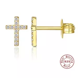 925 Silver Cross Earrings 14k Gold Overlay Cubic Zirconia Studs Religious - Picture 1 of 5