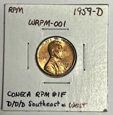 BU Red 1959-D (D/D/D) RPM #1F Lincoln Cent, Uncirculated MS Re-punched Mint Mark Cover
