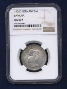 GERMANY BAVARIA OTTO KOENIG 1904-D  2 MARK SILVER COIN, UNC.,NGC CERTIFIED MS63+ - Picture 1 of 4