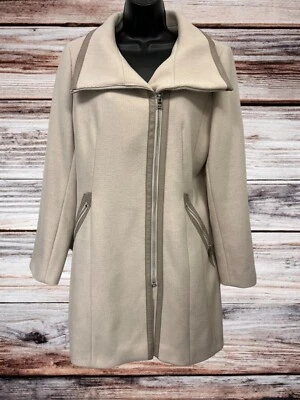Calvin Klein Women's Wool Blend Zip Up Peacoat Faux Leather Trim Size 12 Beige - Image 1 of 4