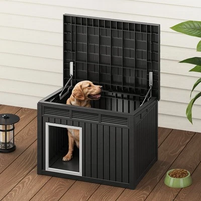 Casa para perros de plástico negro exterior interior perrera para perros con techo elevable y buena Foto 1 de 4