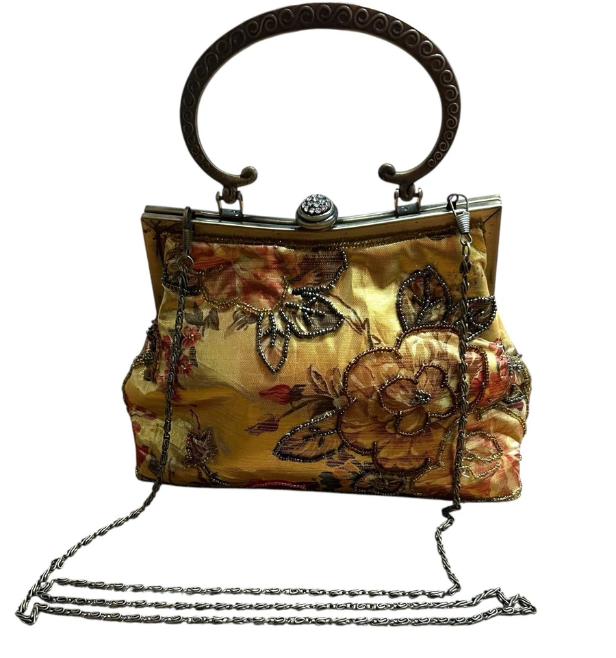 复古 IN’S 串珠金属花卉单肩包链带 Kiss 锁女式钱包 — 第 1/4 张图片