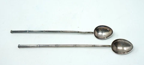 2 Vintage Sterling Silver Cocktail Spoon Straws teaspoons Bamboo Hong Kong Cover