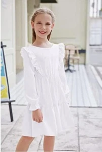 Flypigs Girl's White Flutter Sleeve Tiered Dress Size 120 (7/8) Party Photos - Picture 1 of 12