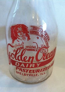 Golden Cream Dairy Shelbyville ILLINOIS Pyro Quart Milk Bottle Mid Century Lady - Picture 1 of 7