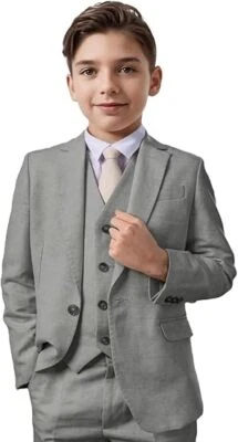 Traje de Lino para Niños 3 Piezas Formal Calce Ajustado Playa Boda Niños Esmoquin Conjunto de Verano Foto 1 de 4