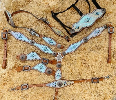 Western Leather Headstall Set with Holographic Silver Alligator Overlay MOUSM - Image 1 of 4