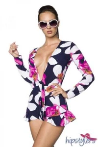 Playsuit mit langen Ärmeln Jumpsuit mit V Ausschnitt Sommermode Damen Einteiler - Bild 1 von 13