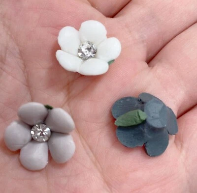 Porcelain Flowers Black Gray White Rhinestone DIY Shabby Chic 17mm 30 pcs - Image 1 of 4