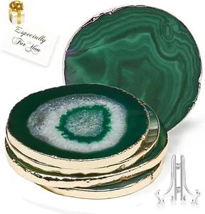 Green Agate Set of 4,Natural Geode Coasters with Agate Slices and Gold Rim - 4 X - Picture 1 of 12