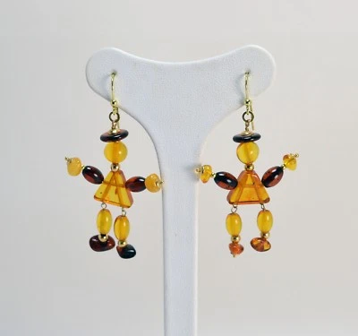 Pendientes de Oro Amarillo 18KT Con Ámbar Marionetas Colgantes Oght - Imagen 1 de 3