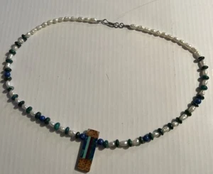 Vtge Intarsia of Natural Crystals Baroque Pearl Azurite Malachite Lapis Necklace - Picture 1 of 7