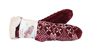 MUK LUKS 2er-Pack Hüttenschuhe Damensocken Größe L/XL 8-10 weinrot Chenille Kunstfell - Bild 1 von 5