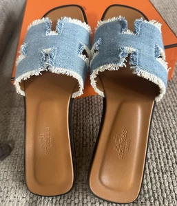 Size 36EU NEW HERMÈS Bleu Clair DENIM Fringe Oran Sandals - Picture 1 of 20