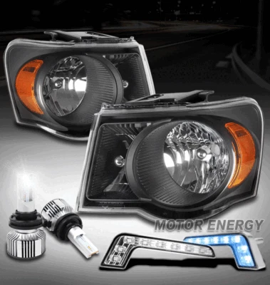 For 07-09 Chrysler Aspen SUV Black Headlight Lamp w/Blue DRL Signal+LED Bulb Set - Imagem 1 de 4