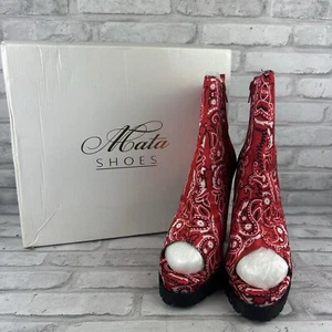 Acata Shoes Red Bandana Heeled Peep Toe Boots Size 7.5 New In Box 4.75 Inch Heel - Picture 1 of 7