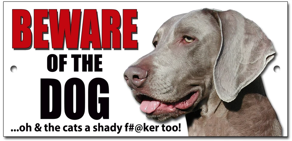 WEIMARANER BEWARE OF THE DOG ...OH AND THE CATS A SHADY so n so TOO! METAL SIGN. - Image 1 of 1