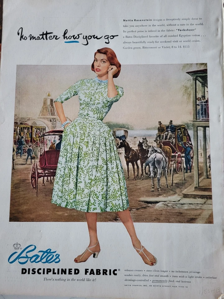 1955 Bates Disciplined Fabric Mujer Verde Nettie Rosenstein Vestido Anuncio Foto 1 de 1