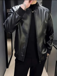 Men's PU Leather Jacket – Black Baseball Collar Zip-Up Casual Coat with Pockets - Picture 1 of 5