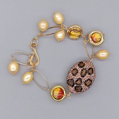 Brazalete de cristal murono con cuentas pavimentadas y astillas ojo de tige con perlas de arroz dorado de agua dulce Foto 1 de 4