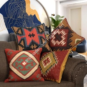 4 Set of Mixed Assorted Wool Jute Cushion Cover Throw Decor For Sofa And Bedroom - Picture 1 of 22