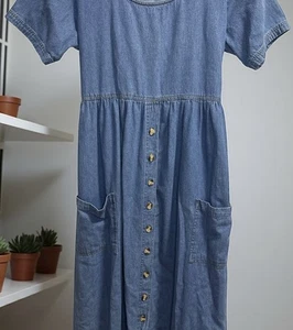 Vintage Denim True Blue Maxi Dress Teacher School Print Tie Back Pockets - Picture 1 of 3