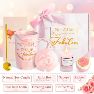 Pink Marble Coffee Mug Gift Set w/ Lid Spoon Candle & Bath Bomb Gifts for Her - Picture 1 of 7