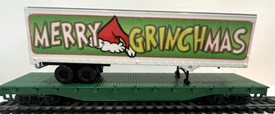 HO flat car with custom Merry Grinchmas! trailer load used no box - Image 1 of 4