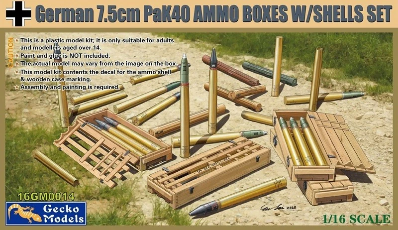 GECKO MODELS 116 GERMAN 7,5cm PAK40 AMMO BOXES W/SHELLS SET  16GM0014 - Immagine 1 di 1