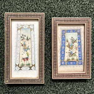 VTG Lot of 2 Miniature Persian Painted Bone Hunting Khatam Marquetry Wood Frame - Picture 1 of 9
