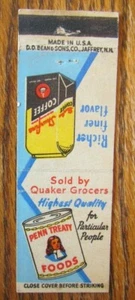 QUAKER MATCHBOOK MATCHCOVER: ALIMENTOS DEL TRATADO PENN Y CAFÉ SHURFINE -E17 - Imagen 1 de 1