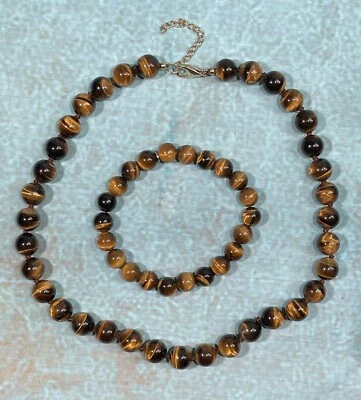 Genuine 21” Tigers Eye Necklace and Bracelet Set Polished Real Semiprecious QVC Foto 1 de 4