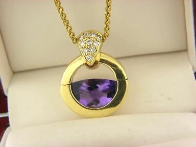 18K Solid Yellow Gold Movado Amethyst & Diamond Pendant Necklace - Image 1 of 4