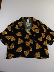 Disney Shirt Womens Large Black Button Up Crop Top Lion King Simba Casual Pocket - Picture 1 of 7