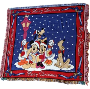 Disney Merry Christmas Woven Tapestry Throw 54" x 58" Mickey Minnie Donald Goofy - Picture 1 of 8