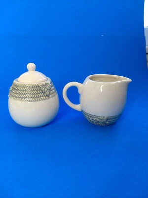William Sonoma Creamer & Sugar Set Honey Bee Rope Pattern Retired Green Beige - Image 1 of 4
