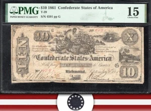 T-29 1861 $10 CONFEDERATE CURRENCY PMG 15 CIVIL WAR NOTE 4591 - Picture 1 of 3