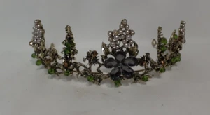 Tiara Crown, Ornate Rhinestones, Faux Pearls, Beads, Green, Beige, Gray, Gold - Picture 1 of 6