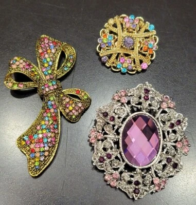 Hermoso broche broche lazo floral flor estrás multicolor lote de 3 piezas CA EE. UU. P284 Foto 1 de 4