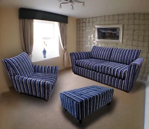 3 Piece Suite. 3 seater settee, armchair, pouffe. Spotless, comfortable, clean. - Picture 1 of 13
