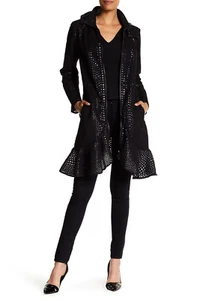 400 $ Designer seltener schwarzer perforierter Damen-Trenchcoat ZAC ZAC POSEN mit Kapuze - Bild 1 von 6