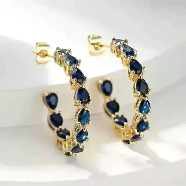 3.00 Ct Pear Cut Simulated Blue Sapphire 14k Yellow Gold Plated Hoop Earrings - Image 1 of 3