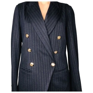 Sussan Blazer Size XS Double Breasted Stripe Jacket Ponte Gold Buttons Navy Blue - Picture 1 of 17
