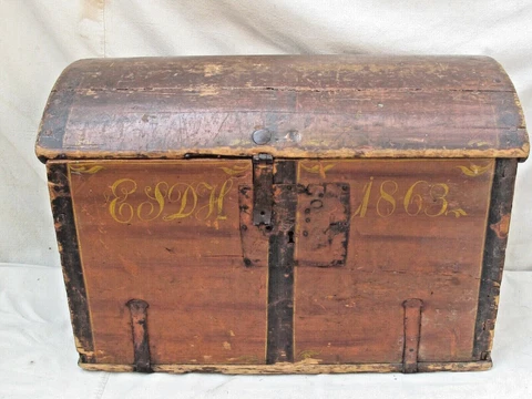 Antique All Wood Dome Top Trunk with Iron Straps and Hinges  dated 1863 Cover