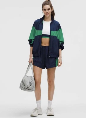 New-Lululemon Nylon Colourblock Collared Jacket sotm Sz M Navy Blue green Remix - Image 1 of 4